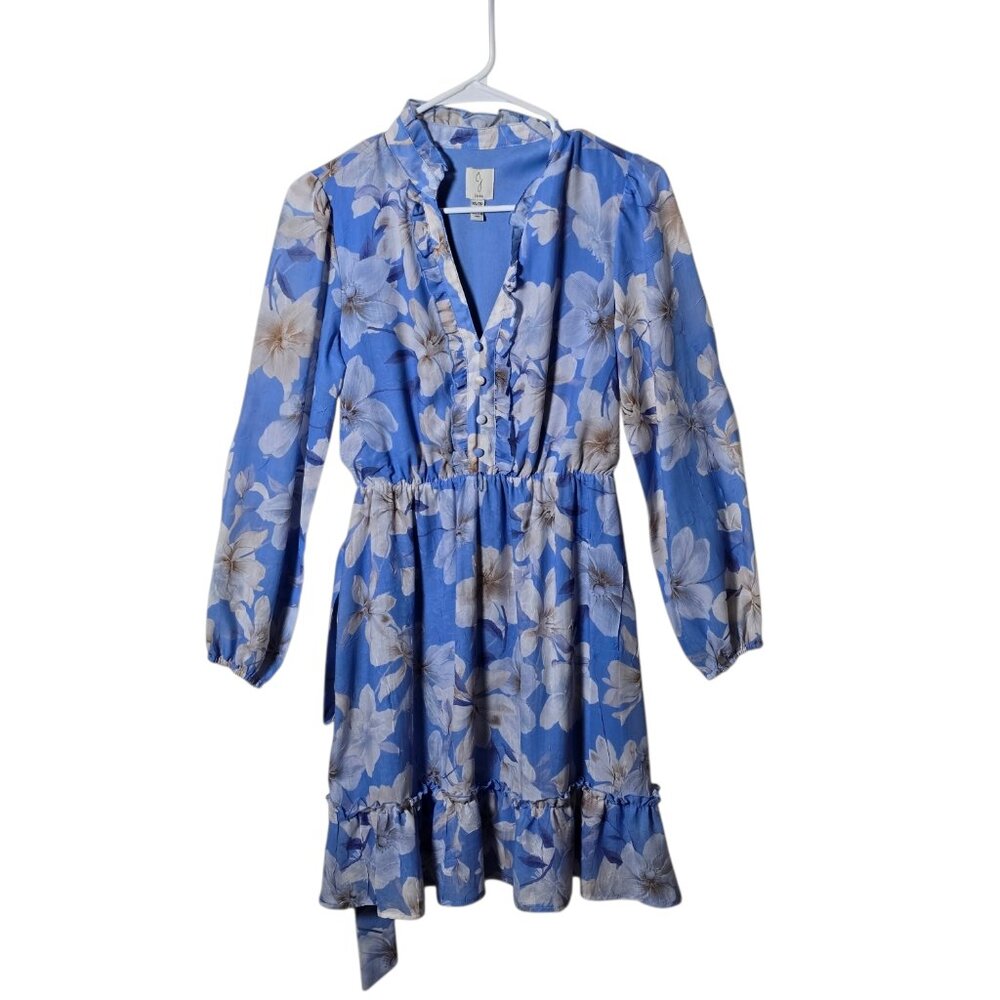 Joie Blue Floral Ruffle Mini Dress XS Long Sleeve Boho Cottagecore Wedding Guest